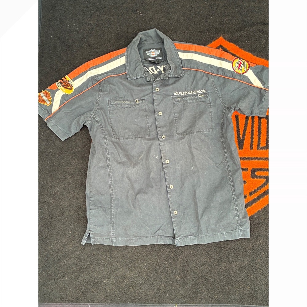 Harley-Davidson Mens Black Short Sleeve Button Down Racing Stripe Shirt Large